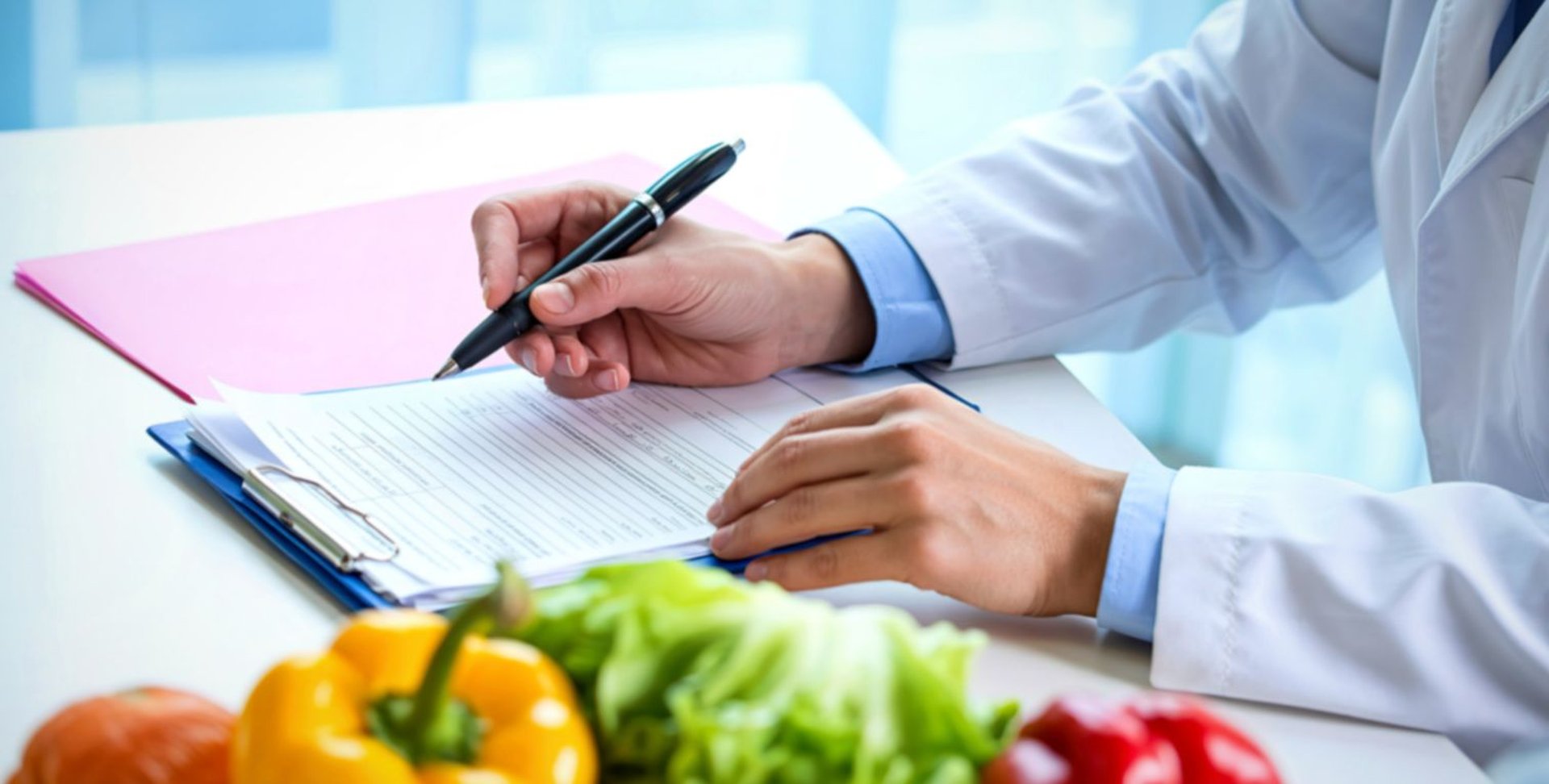 Profissional de saúde analisando dados e alimentação saudável